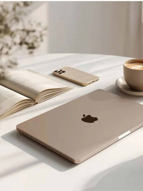 Bureau minimaliste avec MacBook, smartphone, livre et café pour gérer son organisme de formation esthétique