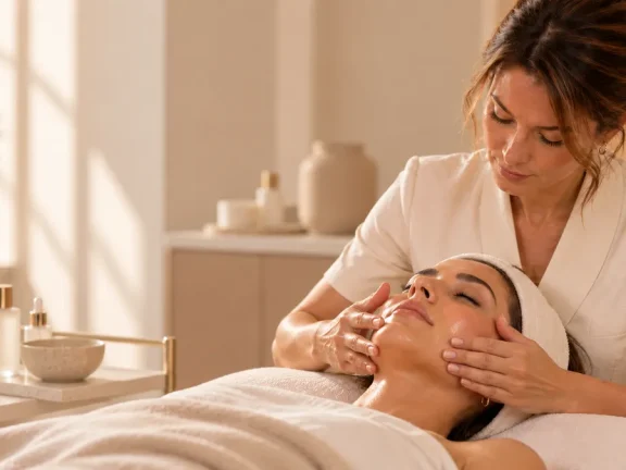 Esthéticienne réalisant un soin du visage en institut