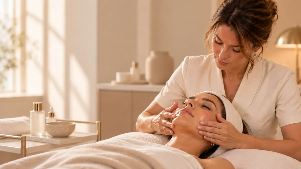 Esthéticienne réalisant un soin du visage en institut