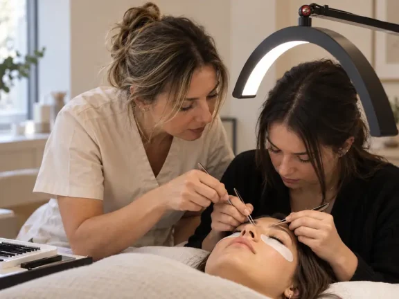 Formatrice en extensions de cils guidant une stagiaire pendant une pose sur modèle