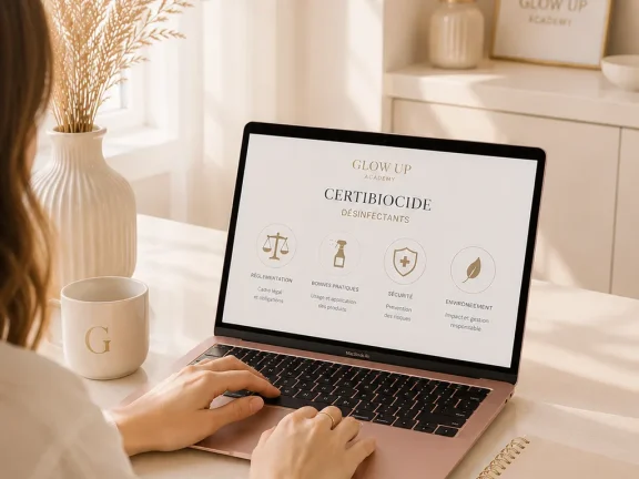 Ordinateur portable affichant la formation Certibiocide sur un bureau beige