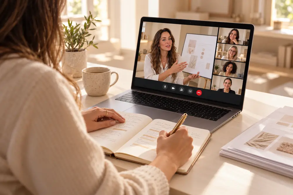 Vue par-dessus l'épaule d'une professionnelle de la beauté qui prend des notes pendant un atelier en visio de la formation de formateur Glow Up Academy
