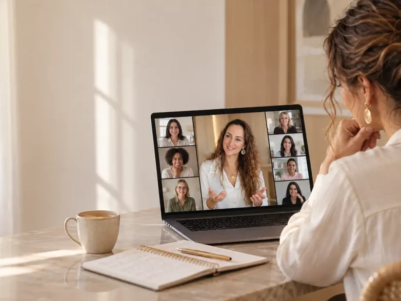 Professionnelle de la beauté qui suit en visio, depuis chez elle, la formation formateur esthétique de Glow Up Academy, avec la formatrice et les participantes à l'écran